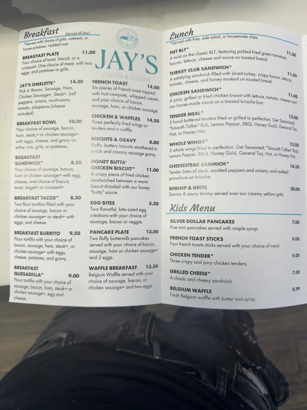 Jay’s printed menu