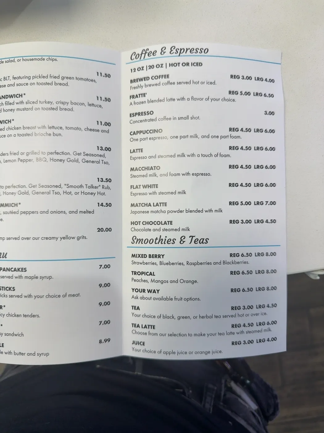 Jay’s printed menu details